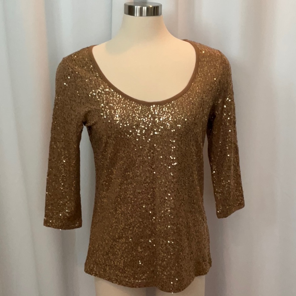 Lynn Richie Scoop Neck 3/4-Sleeve Gold Sequin Pullover Top Women Size L